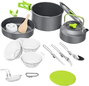-1 Camping Cooking Kit 11pcs Portable Camping Cookware Pot Pan Bowl Spoon Fork Cutlery Non-Stick Ideal for Hiking Backpacking