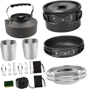 -in-one Camping Cook Set Non-Stick Pots Utensils Plates Compact for Easy Storage Safe Stable Handles for Outdoor Cooking