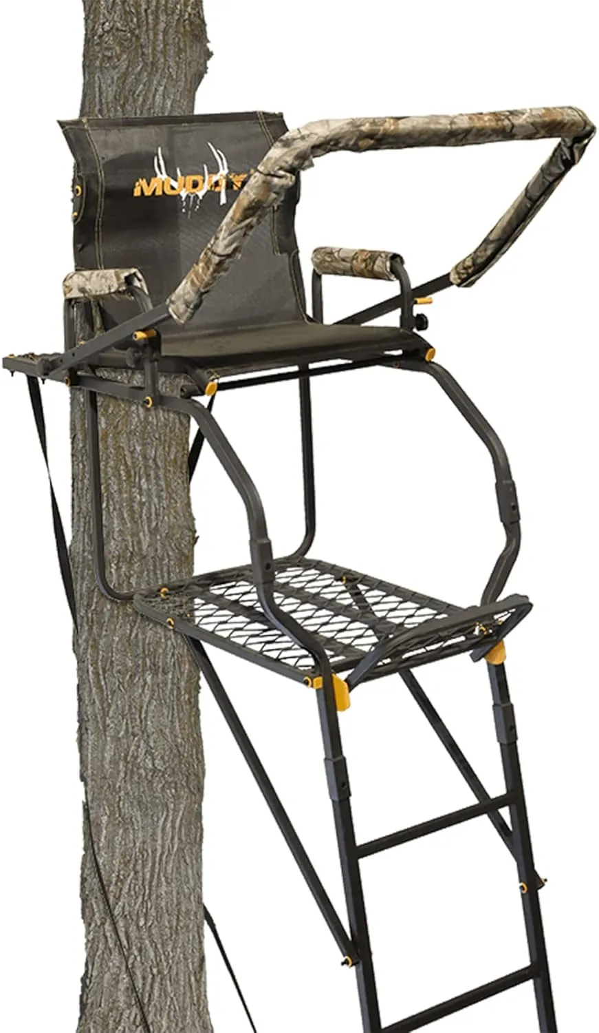 1-Person Huntsman Deluxe Steel Ladder Tree Stand, 17 ft Tall, 300 lb Capacity - Heavy-Duty Hunting Treestand with Lumbar Support Seat, Flip-Back Adjustable Shooting Rail & Silencer Technology