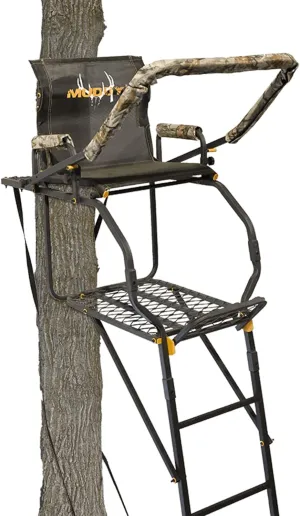 1-Person Huntsman Deluxe Steel Ladder Tree Stand, 17 ft Tall, 300 lb Capacity - Heavy-Duty Hunting Treestand with Lumbar Support Seat, Flip-Back Adjustable Shooting Rail & Silencer Technology