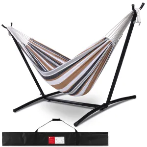 10 ft. Fabric Cotton Hammock Bed with Space Saving Steel Stand in Brown Stripes(450 lbs. Capacity- Carry Bag Included)