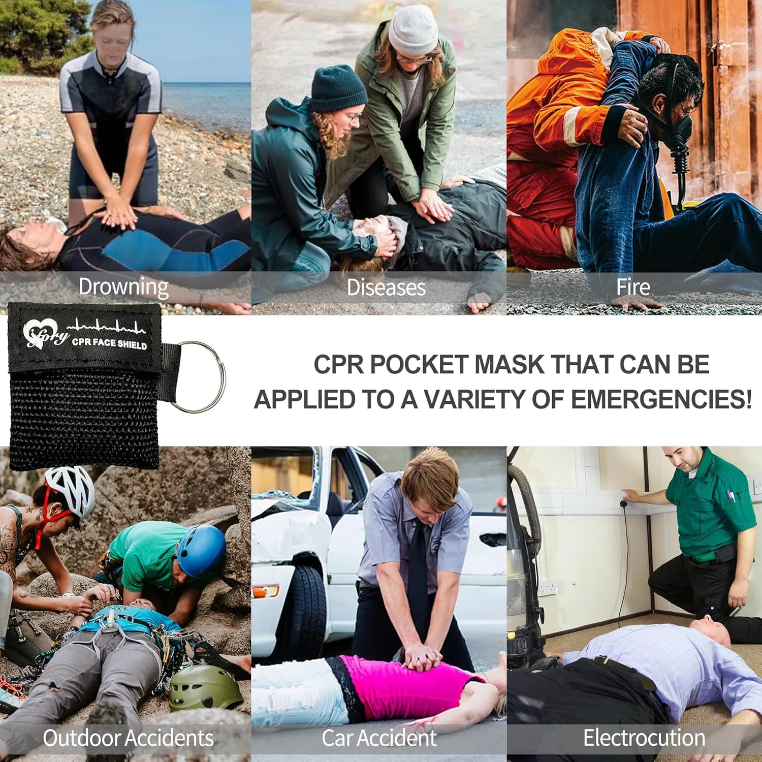 100 Counts CPR Pocket Mask Keychain, CPR Emergency Face Shield with One Way Valve Breathing Barrier for First Aid or ADE Training, Black