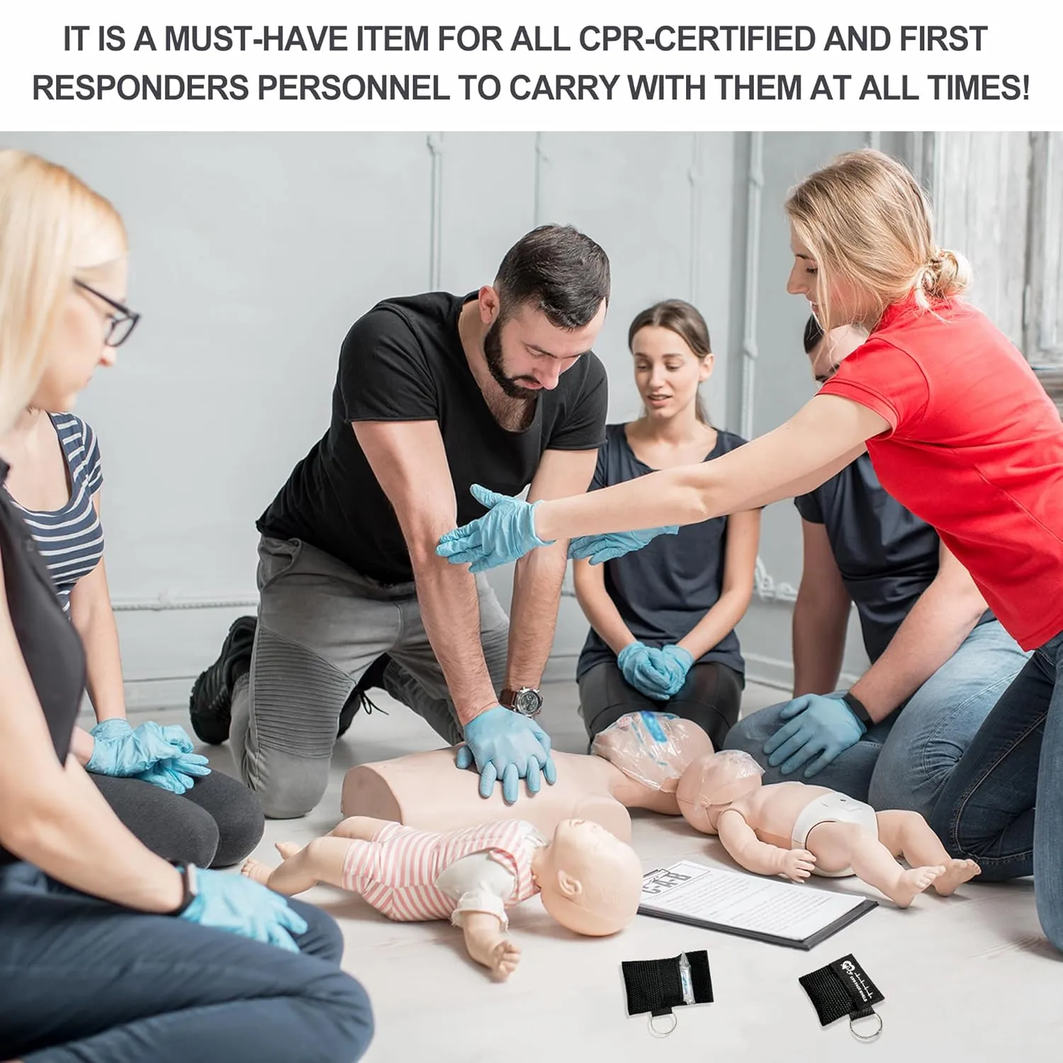 100 Counts CPR Pocket Mask Keychain, CPR Emergency Face Shield with One Way Valve Breathing Barrier for First Aid or ADE Training, Black