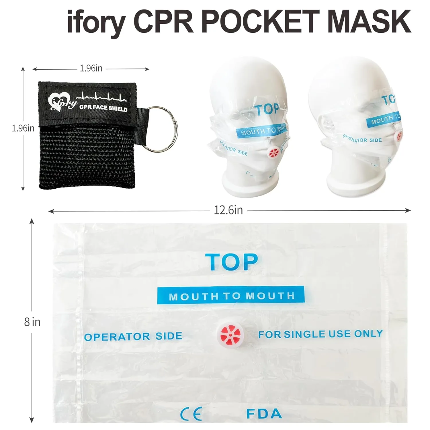 100 Counts CPR Pocket Mask Keychain, CPR Emergency Face Shield with One Way Valve Breathing Barrier for First Aid or ADE Training, Black