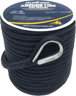 100’ x 3/8” Double Braid Nylon Anchor Rope with 316SS Thimble - Anchor Line for Boats, Quality Boat Rope, Marine Rope, Boat Accessories - Black