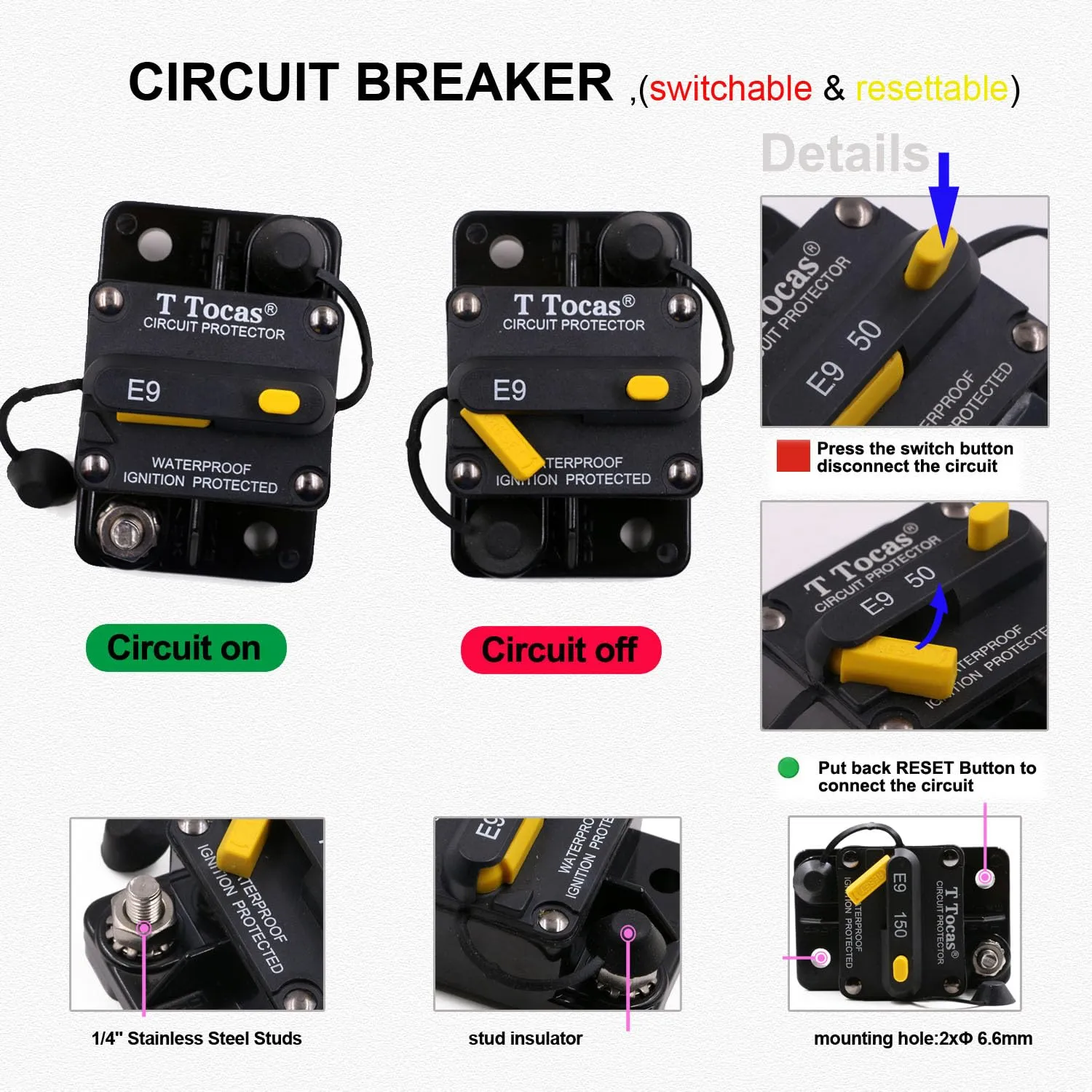 100A Amp Circuit Breaker UL Certified for Boat Trolling Motor Marine ATV Vehicles Stereo Audio Battery Solar System with Manual Reset Switcher 100 amp Waterproof DC 12V-48V (100a)
