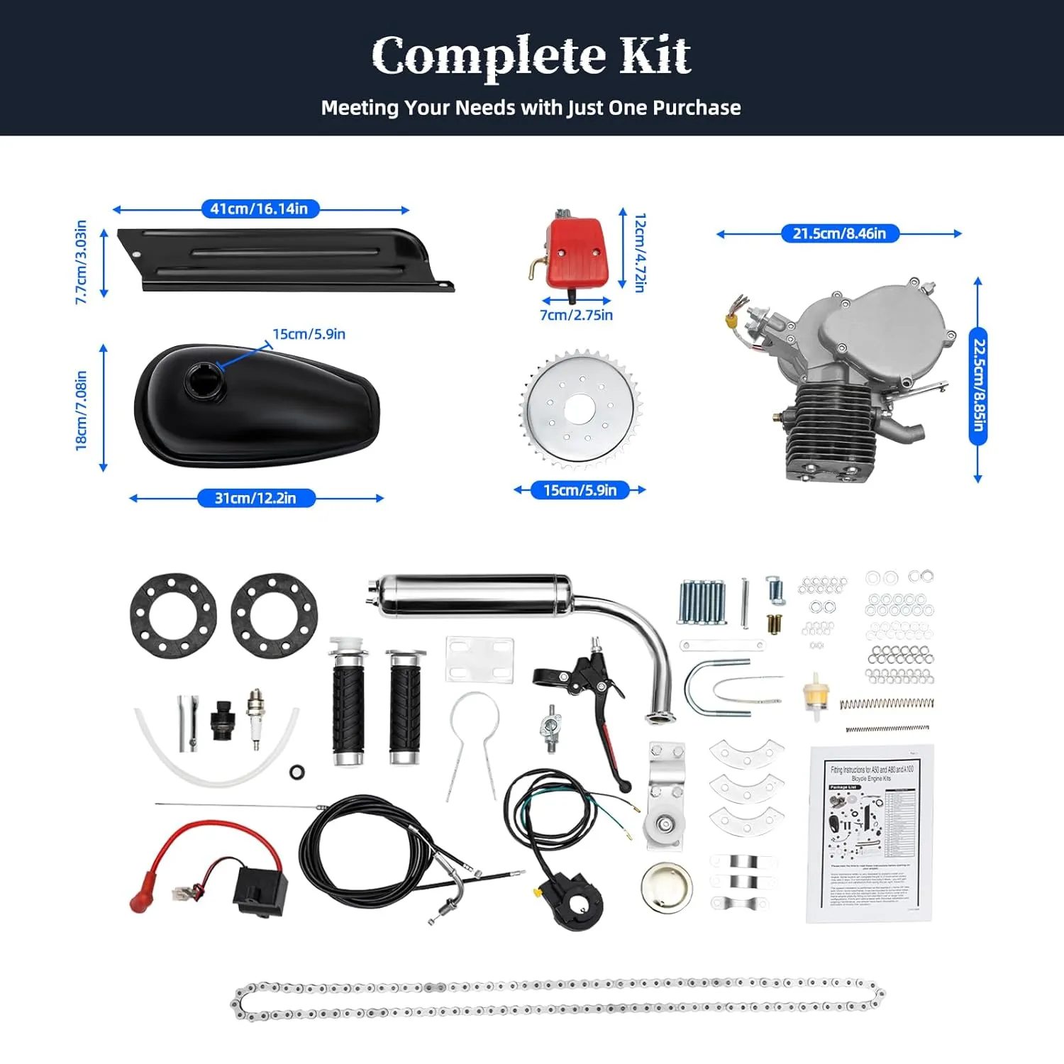 100cc Bicycle Engine Kit, Motorized Bike 2 Stroke Gas Bicycle Engine Conversion Kit, Air-Cooling Bike Engine Kit for 26" 28" Bike with V-Frame (36 Tooth Sprocket)