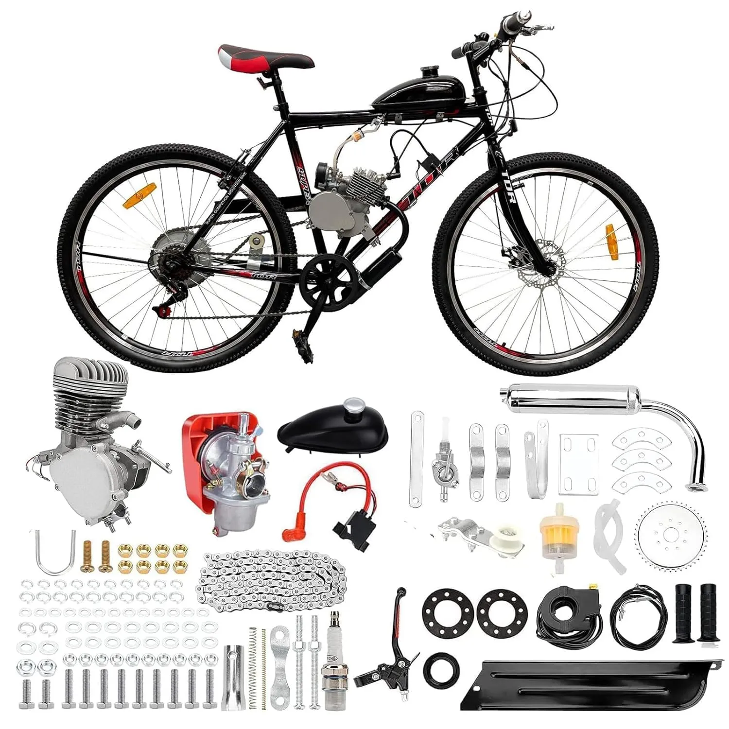 100cc Bicycle Engine Kit, Motorized Bike 2 Stroke Gas Bicycle Engine Conversion Kit, Air-Cooling Bike Engine Kit for 26" 28" Bike with V-Frame (36 Tooth Sprocket)