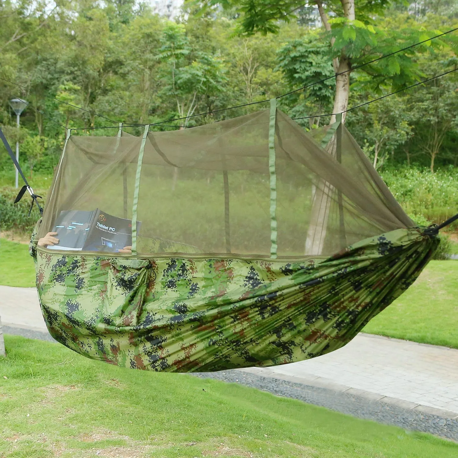 102" L x 55" W Camping Hammock, Portable Hammocks, Portable Double Hammock with Net, 2 Person Hammock, for Outdoor Hiking Survival Travel,Hammock Tent for Outside (Camouflage)