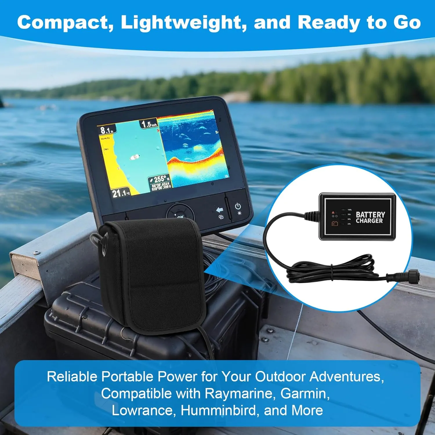 10Ah Battery Power Kit, Portable Lithium-ion Water Resistant Battery Pack Powered with 110 Volt Charger and Device Connection Accessories (PPK-10Ah) | Kayak Fishing Accessories