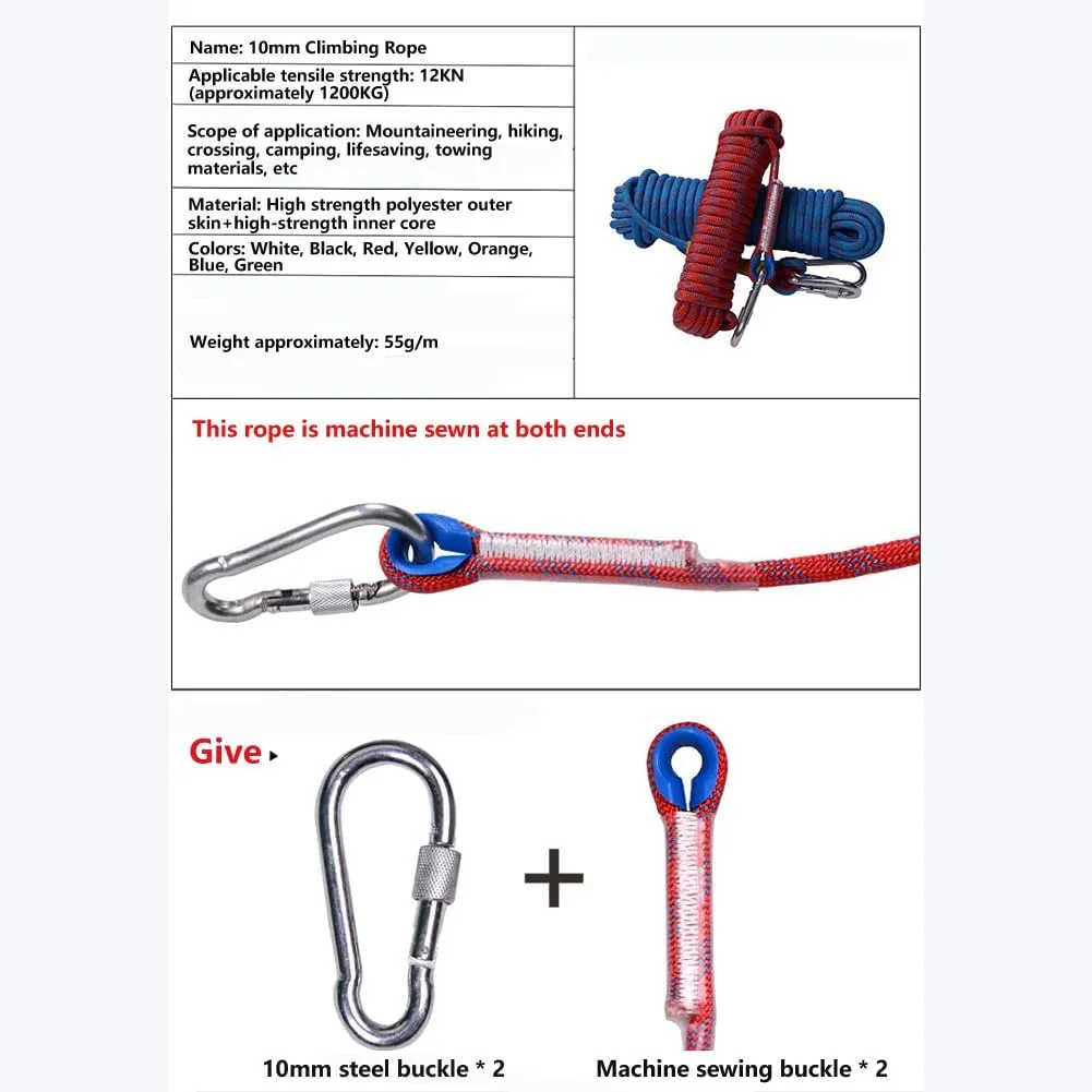 10mm Diameter Outdoor Reflective Climbing Rope Nylon Rope Climbing Rope Length 20m (65FT) 30m (100FT) 50m (165FT) 100m (330FT) 200m(660FT) Life Rope Descent Rope Climbing Safety Rope