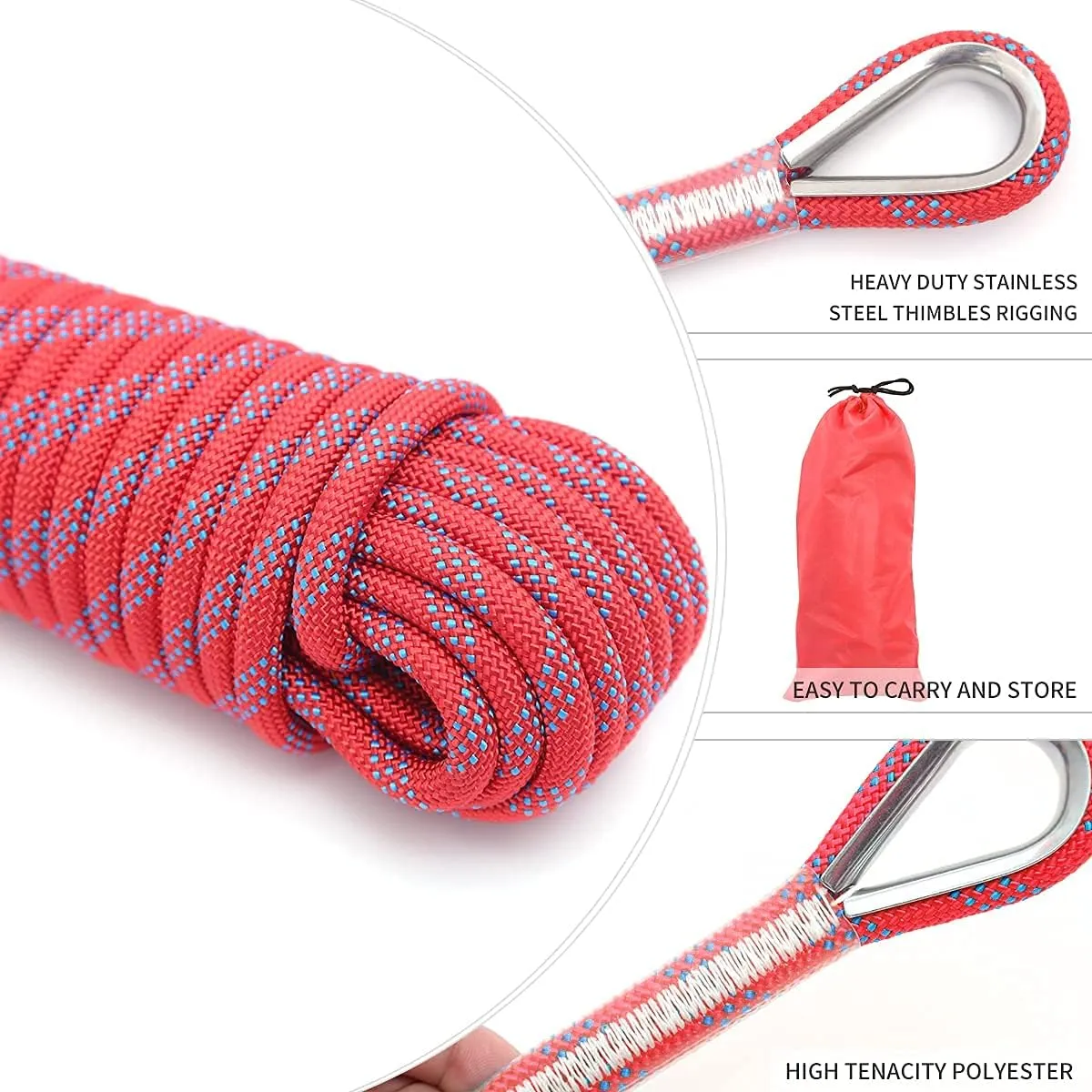 10mm/12mm Climbing Rope, Outdoor Static Rock Climbing Rope, Tree Climbing Rappelling Rope, Escape Nylon Rope, Ice Climbing Equipment Fire Rescue Parachute Rope with 2 Steel Hooks