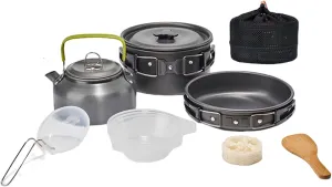 10Pcs Camping Cookware Kit,Non-Stick Lightweight Camping Pots Set with Folding Pan Pot Kettle Spoon Bowl for 2-3 Person,Portable Outdoor Cookware for Backpacking Hiking Cooking Black