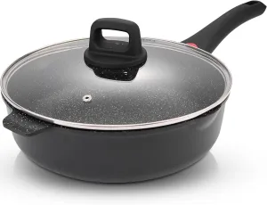 11 Inch Non Stick Deep Frying Pan Granite Coated with Pour Spout - Lightweight 4.27 Quart Skillets and Frying Pans with Comfort Stay Cool Grip Handle - Induction Compatible PFOA Free Cookware