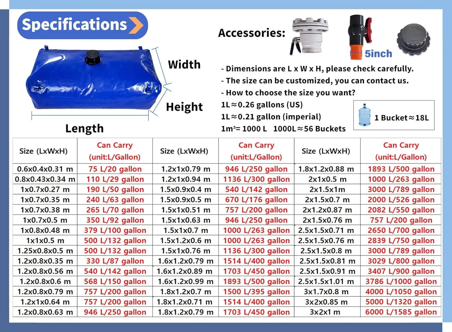110L to 6000L Heavy-Duty PVC Water Tank for Outdoor, Garden, Camping, and Emergency Use(5000L/1320Gal/3x2x0.85 m)