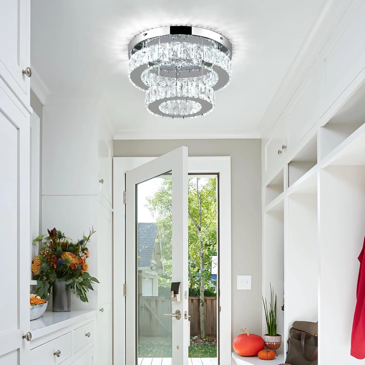 11.8 Inch Modern Mini Crystal Chandelier LED Flush Mount Ceiling Light - 2 Layer K9 Crystal, Small Chandelier for Bedroom, Hallway, Kitchen, Bathroom, Closet, Dining Room (Cool White)