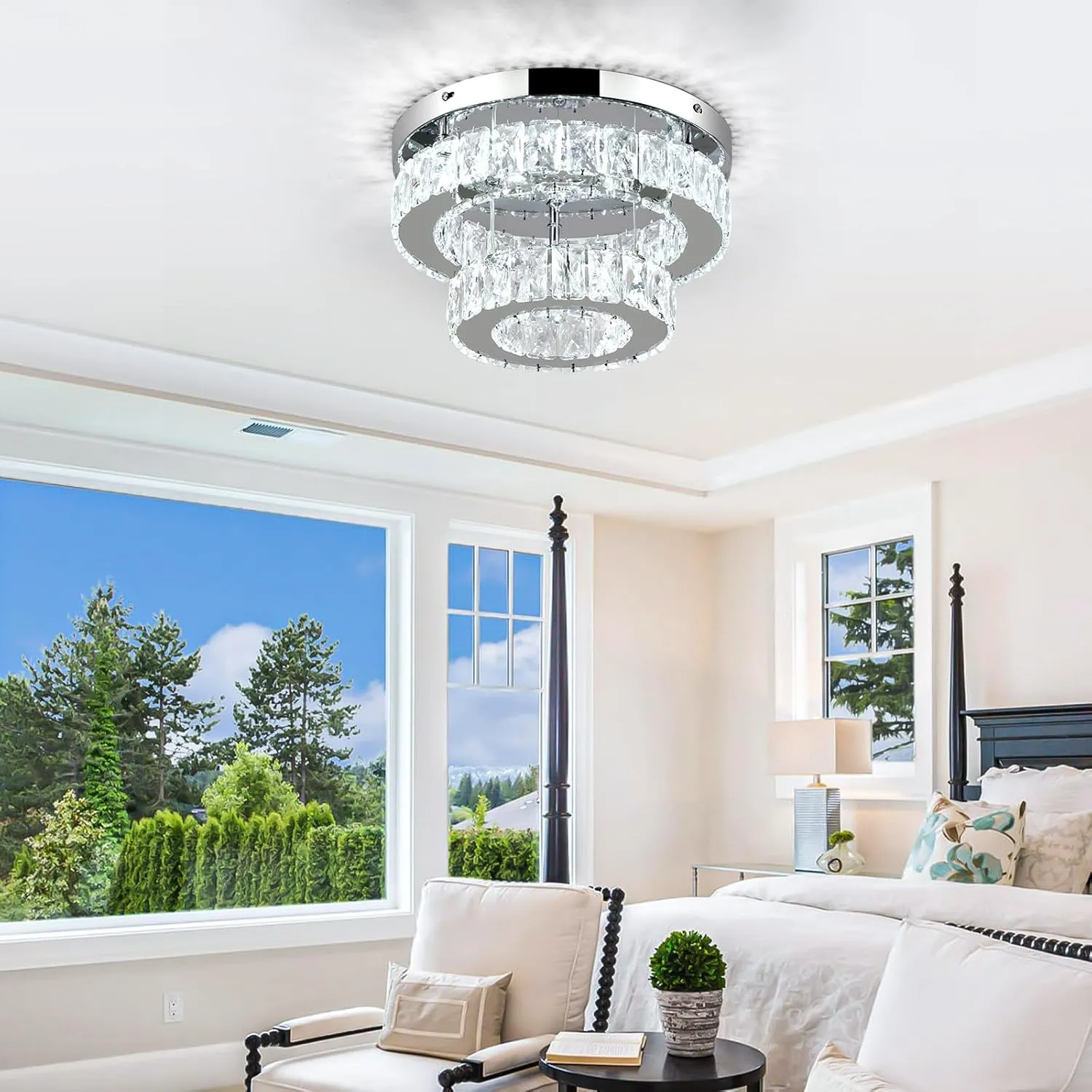11.8 Inch Modern Mini Crystal Chandelier LED Flush Mount Ceiling Light - 2 Layer K9 Crystal, Small Chandelier for Bedroom, Hallway, Kitchen, Bathroom, Closet, Dining Room (Cool White)