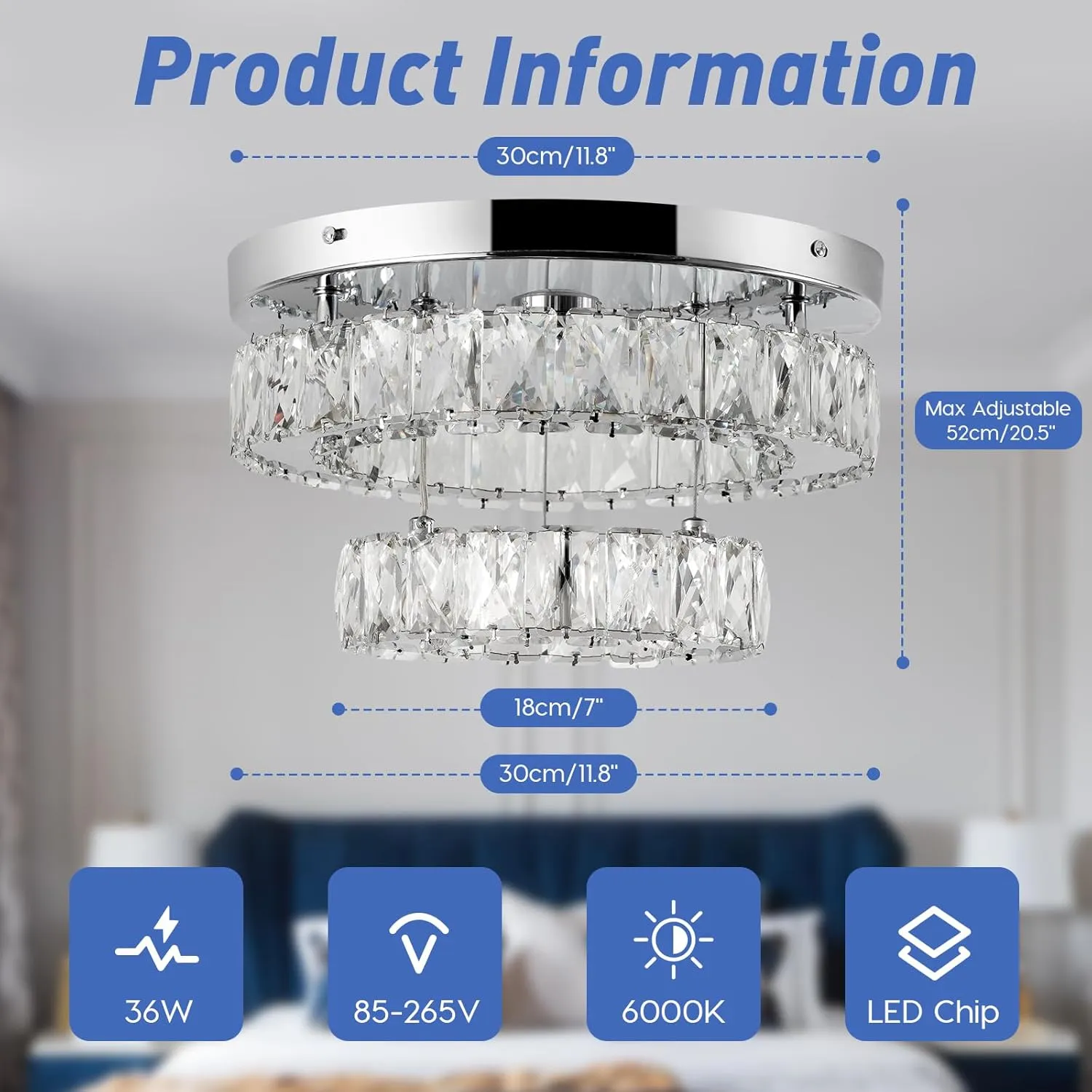 11.8 Inch Modern Mini Crystal Chandelier LED Flush Mount Ceiling Light - 2 Layer K9 Crystal, Small Chandelier for Bedroom, Hallway, Kitchen, Bathroom, Closet, Dining Room (Cool White)