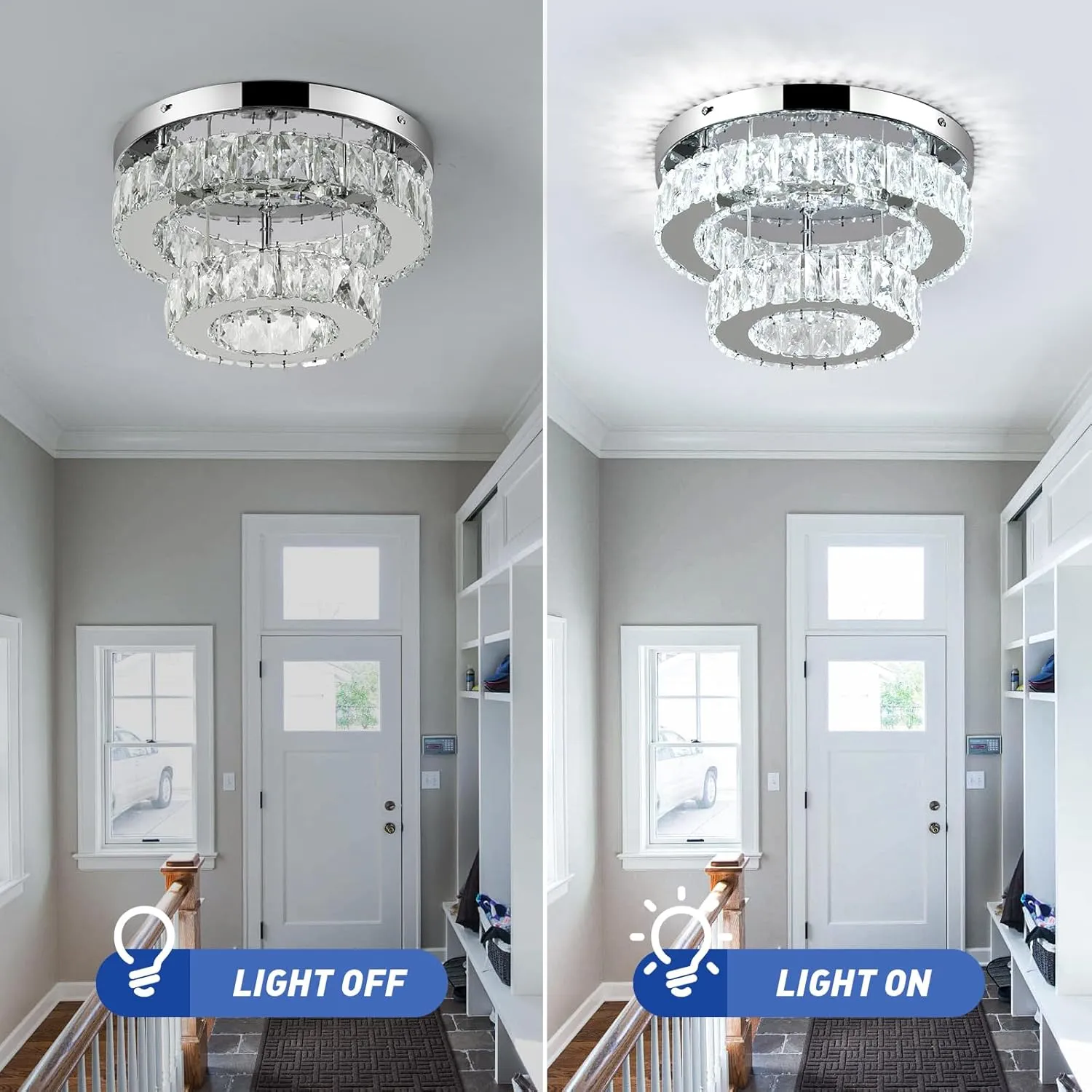 11.8 Inch Modern Mini Crystal Chandelier LED Flush Mount Ceiling Light - 2 Layer K9 Crystal, Small Chandelier for Bedroom, Hallway, Kitchen, Bathroom, Closet, Dining Room (Cool White)