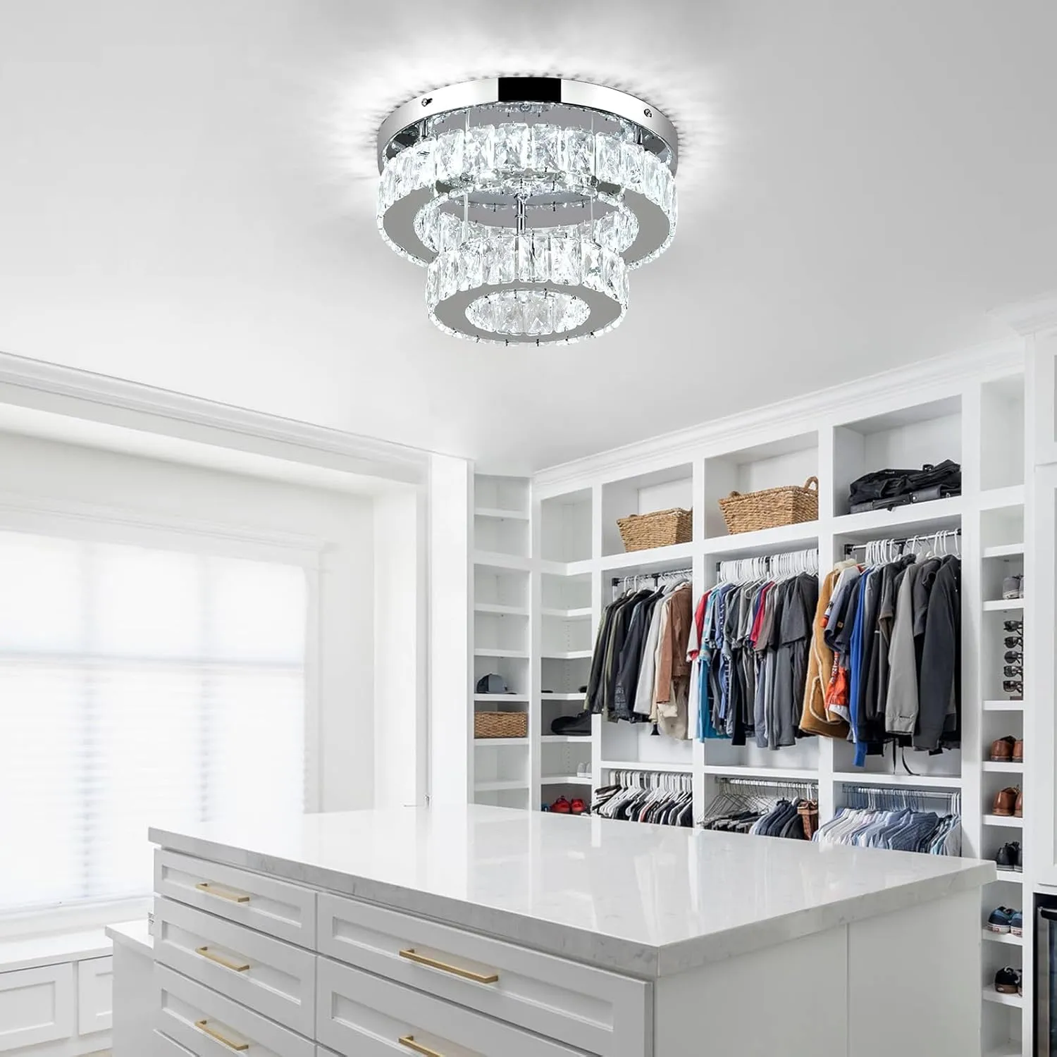 11.8 Inch Modern Mini Crystal Chandelier LED Flush Mount Ceiling Light - 2 Layer K9 Crystal, Small Chandelier for Bedroom, Hallway, Kitchen, Bathroom, Closet, Dining Room (Cool White)