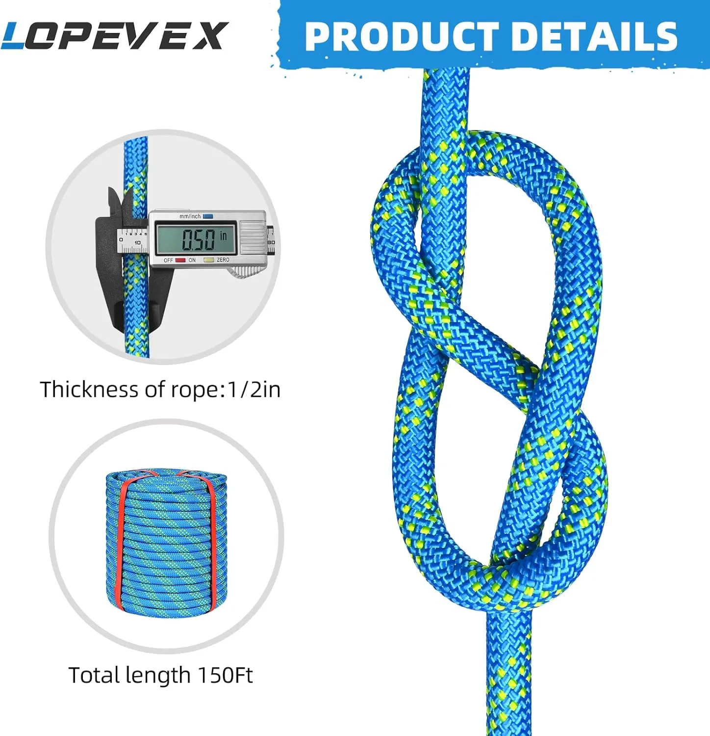 1/2 Inch Climbing Rope 150 Ft Blue - 48 Strands Tree Climbing,1/2in Arborist Rope,Rappelling Rope,Static Nylon Polyester Braided Rope,Bull Rope for Tree Pulling,Nautical Rigging Rope Swing