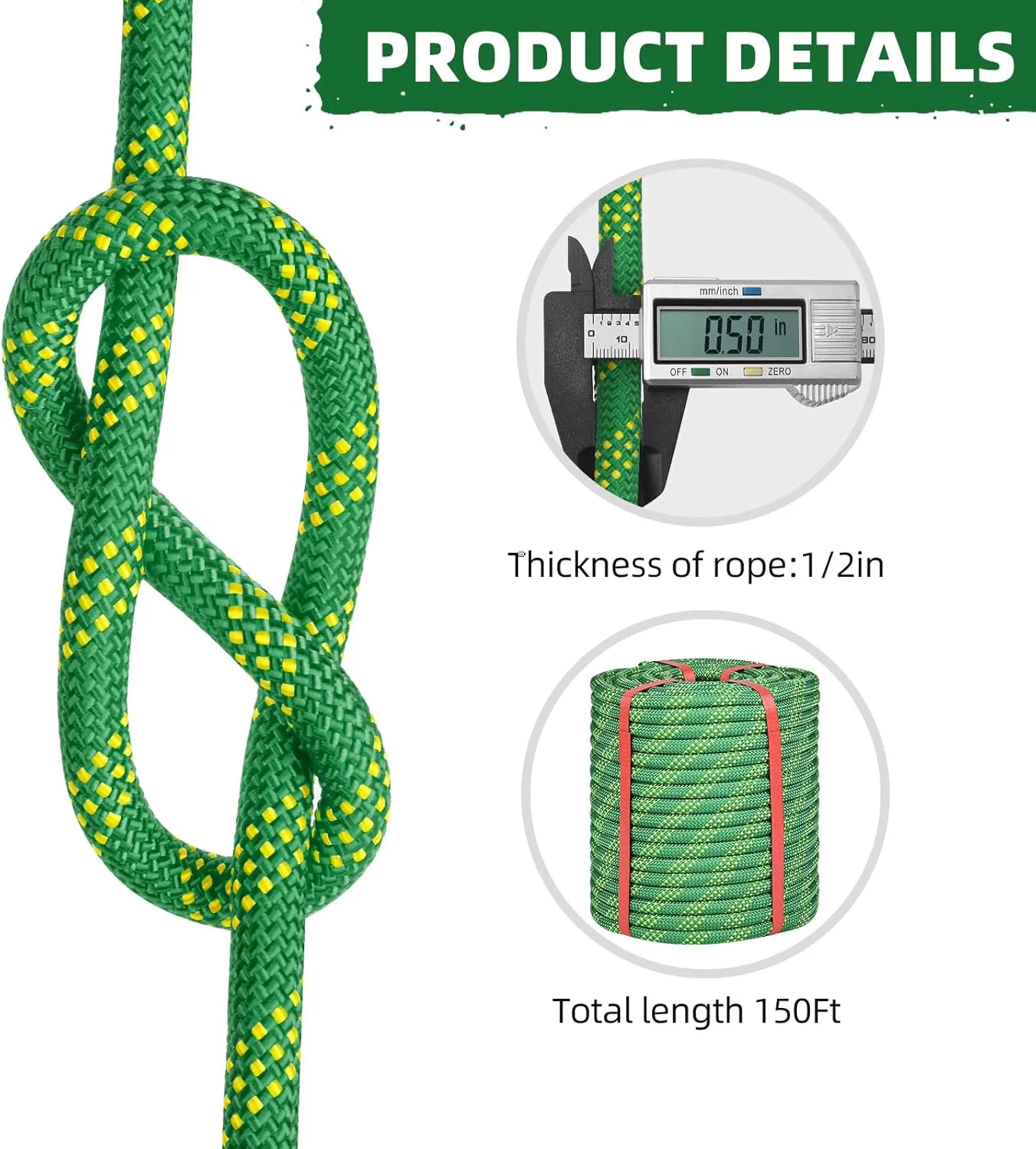 1/2 Inch Climbing Rope 150 Ft Green - 48 Strands Tree Climbing,1/2in Arborist Rope,Rappelling Rope,Static Nylon Polyester Braided Rope,Bull Rope for Tree Pulling,Nautical Rigging Rope Swing