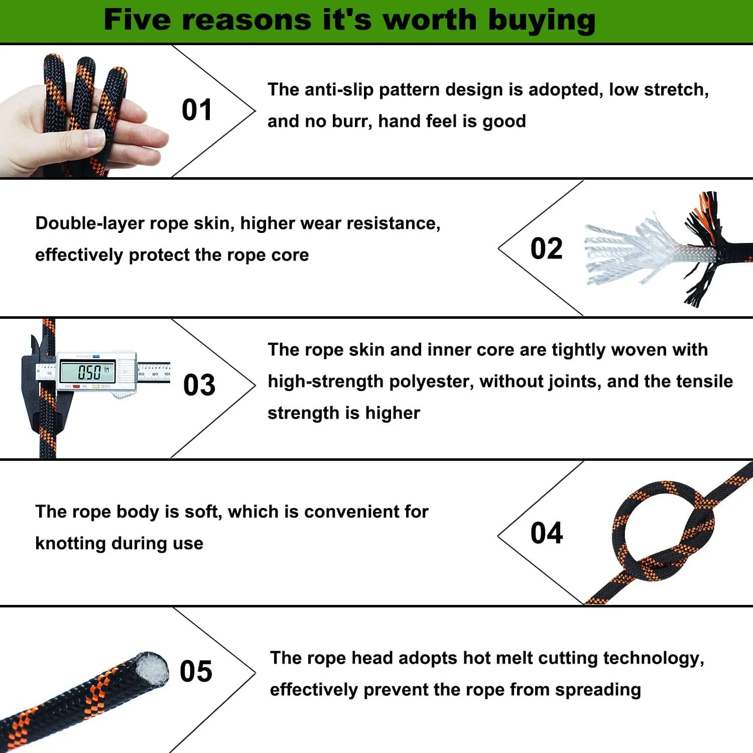 1/2 Inch Double Braided Arborist Rope Strong Polyester Rope 48 Strands for Tree Work Climbing Pulling Sailing Swing