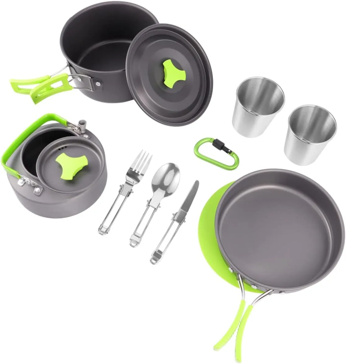 12-Piece Camping Utensil Set for 1-2 People Portable Picnic Tableware Aluminum Alloy Mess Kit Teapot Safe Cooking Tools Green