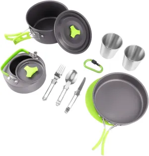 12-Piece Camping Utensil Set for 1-2 People Portable Picnic Tableware Aluminum Alloy Mess Kit Teapot Safe Cooking Tools Green