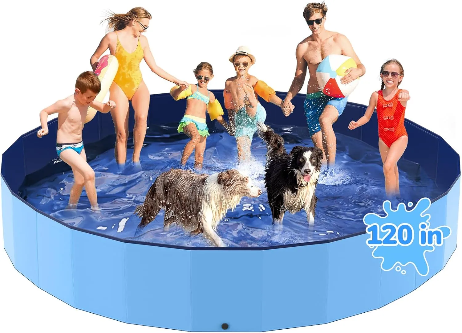 120'' Foldable Dog Pool, Kiddie Pool, Heavy Duty Non-Slip Plastic Pet Wading Pool for Large Dogs, Indoor and Outdoor Kids Pet Dog Bathtub