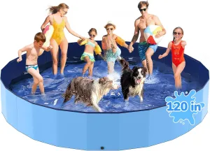 120'' Foldable Dog Pool, Kiddie Pool, Heavy Duty Non-Slip Plastic Pet Wading Pool for Large Dogs, Indoor and Outdoor Kids Pet Dog Bathtub