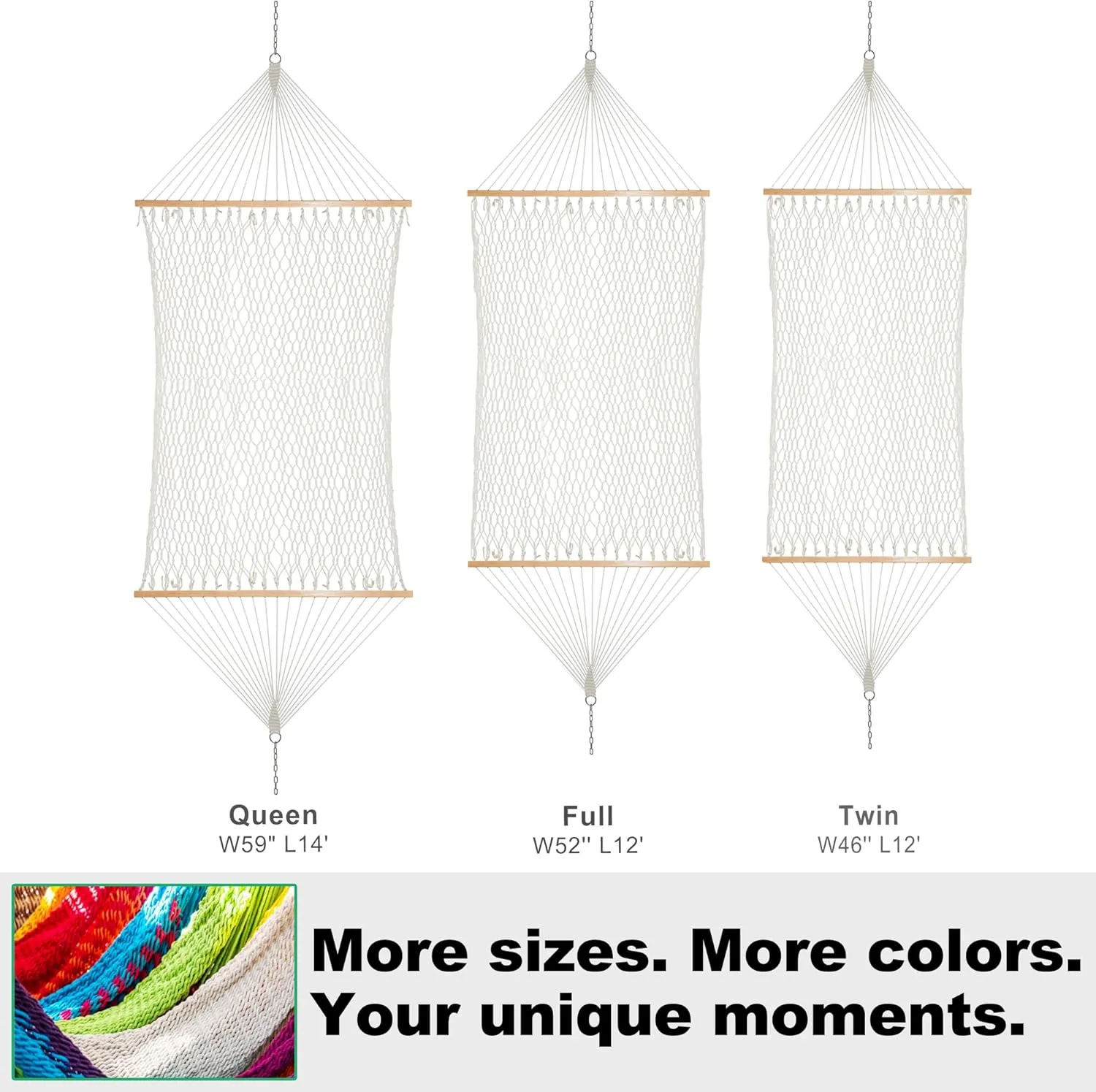 12ft Double Hammocks, Handwoven Traditional Cotton Rope Hammock with Hardwood Spreader Bar, Chains and Hooks for Indoor Outdoor, Max 450 lbs Capacity (Aqua, Full)