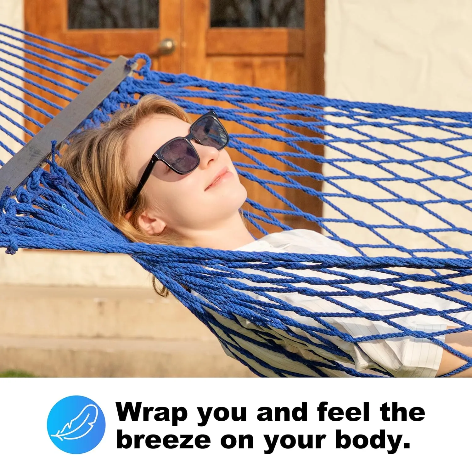 12ft Double Hammocks, Handwoven Traditional Cotton Rope Hammock with Hardwood Spreader Bar, Chains and Hooks for Indoor Outdoor, Max 450 lbs Capacity (Blue, Full)