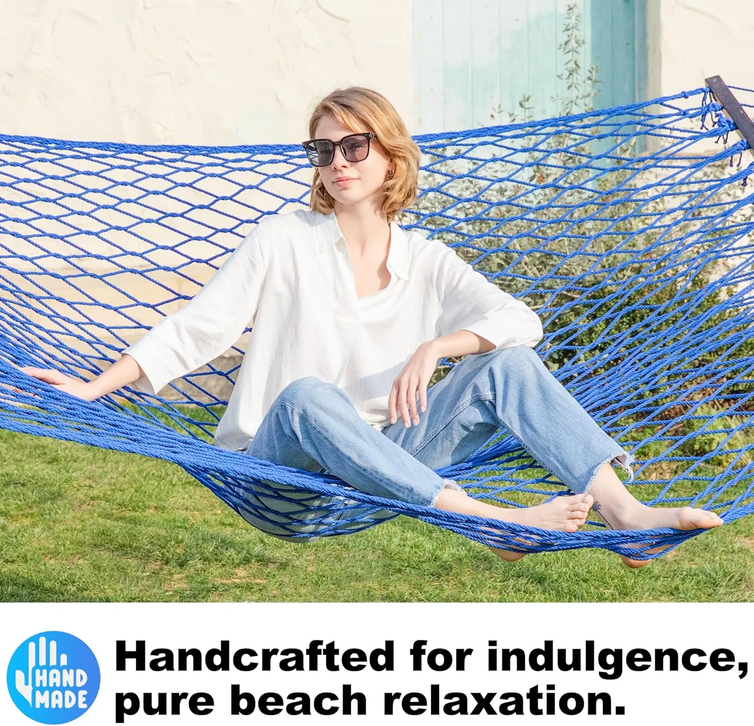 12ft Double Hammocks, Handwoven Traditional Cotton Rope Hammock with Hardwood Spreader Bar, Chains and Hooks for Indoor Outdoor, Max 450 lbs Capacity (Blue, Full)