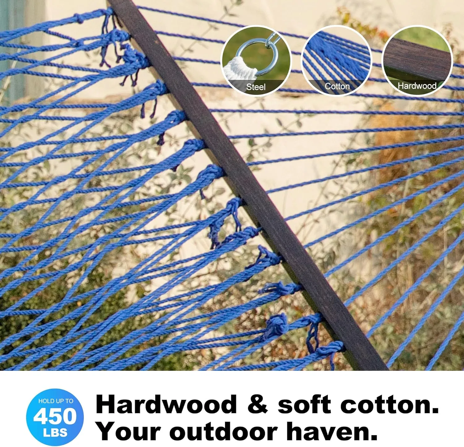 12ft Double Hammocks, Handwoven Traditional Cotton Rope Hammock with Hardwood Spreader Bar, Chains and Hooks for Indoor Outdoor, Max 450 lbs Capacity (Blue, Full)