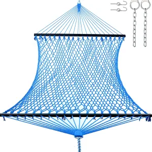 12ft Double Hammocks, Handwoven Traditional Cotton Rope Hammock with Hardwood Spreader Bar, Chains and Hooks for Indoor Outdoor, Max 450 lbs Capacity (Blue, Full)