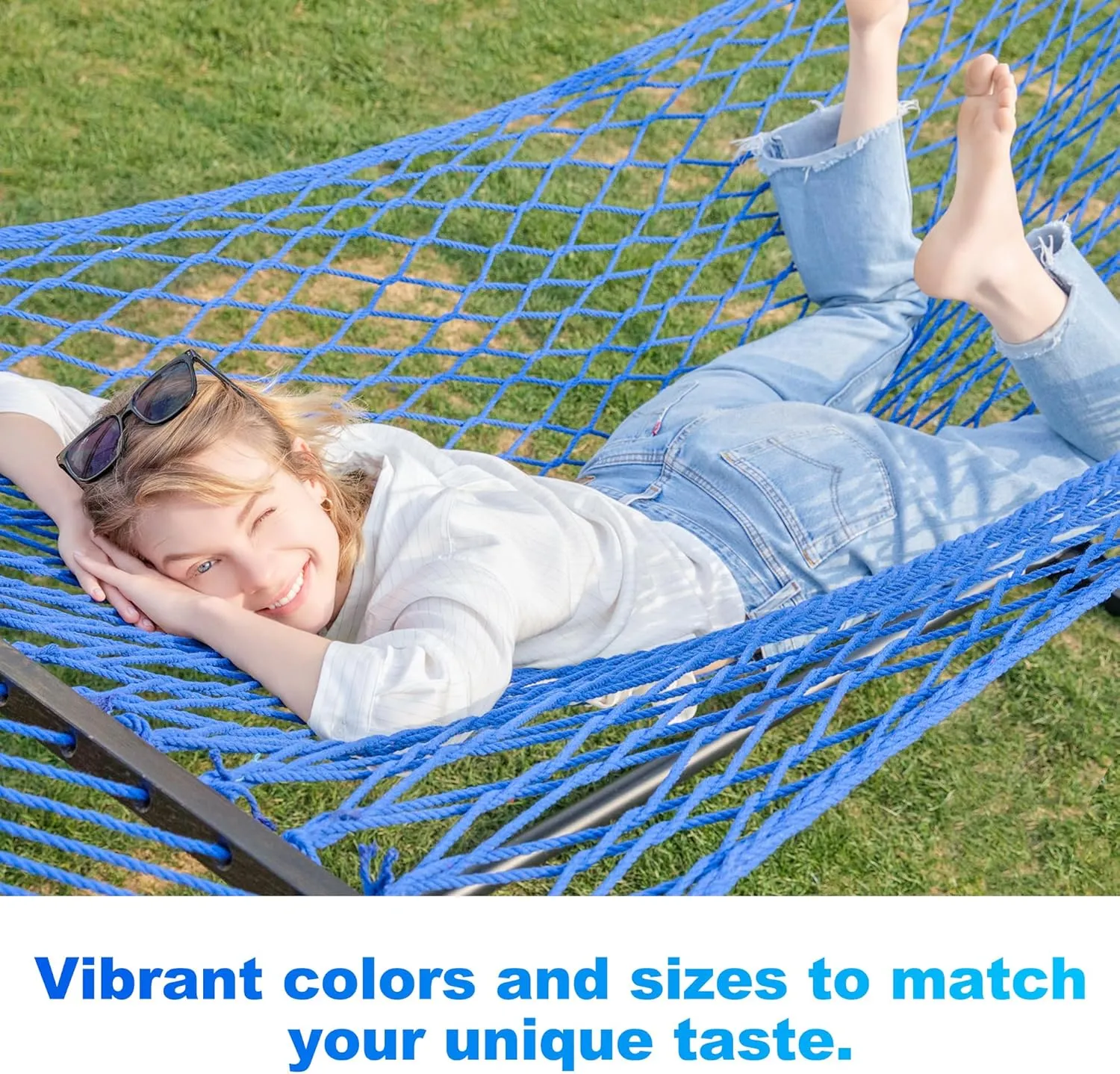 12ft Double Hammocks, Handwoven Traditional Cotton Rope Hammock with Hardwood Spreader Bar, Chains and Hooks for Indoor Outdoor, Max 450 lbs Capacity (Blue, Full)