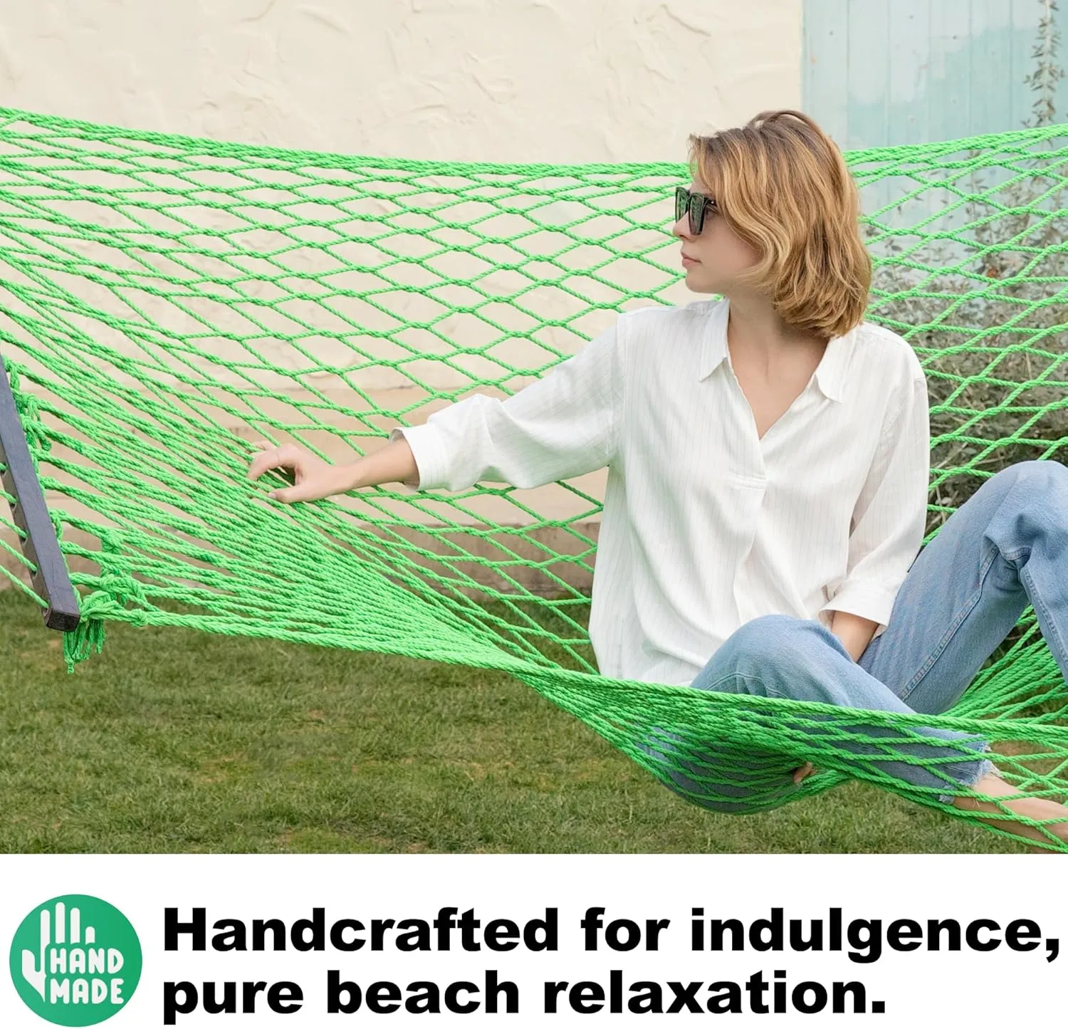 12ft Double Hammocks, Handwoven Traditional Cotton Rope Hammock with Hardwood Spreader Bar, Chains and Hooks for Indoor Outdoor, Max 450 lbs Capacity (Spring, Full)