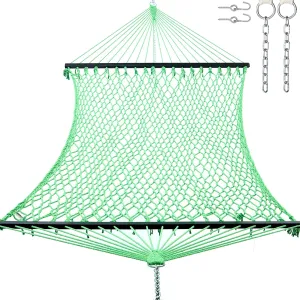 12ft Double Hammocks, Handwoven Traditional Cotton Rope Hammock with Hardwood Spreader Bar, Chains and Hooks for Indoor Outdoor, Max 450 lbs Capacity (Spring, Full)