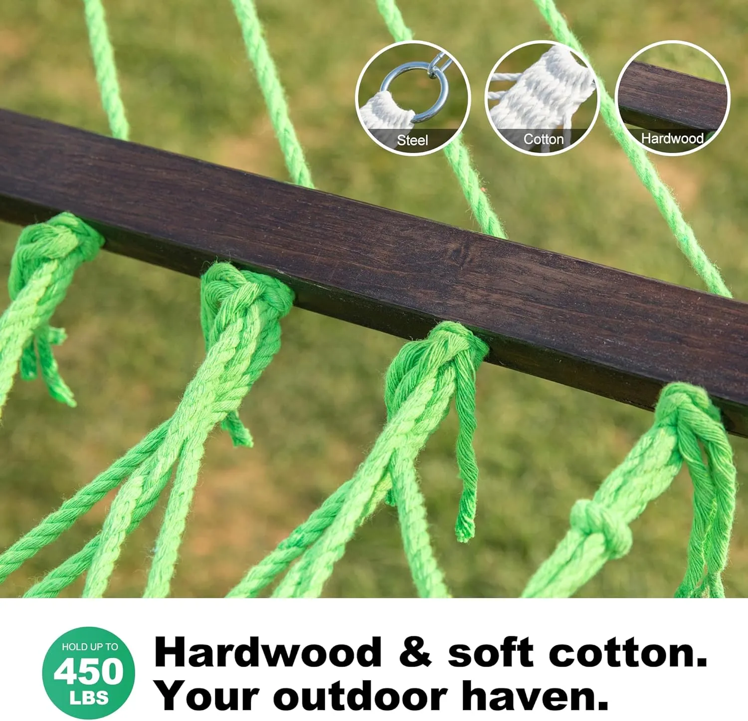 12ft Double Hammocks, Handwoven Traditional Cotton Rope Hammock with Hardwood Spreader Bar, Chains and Hooks for Indoor Outdoor, Max 450 lbs Capacity (Spring, Full)