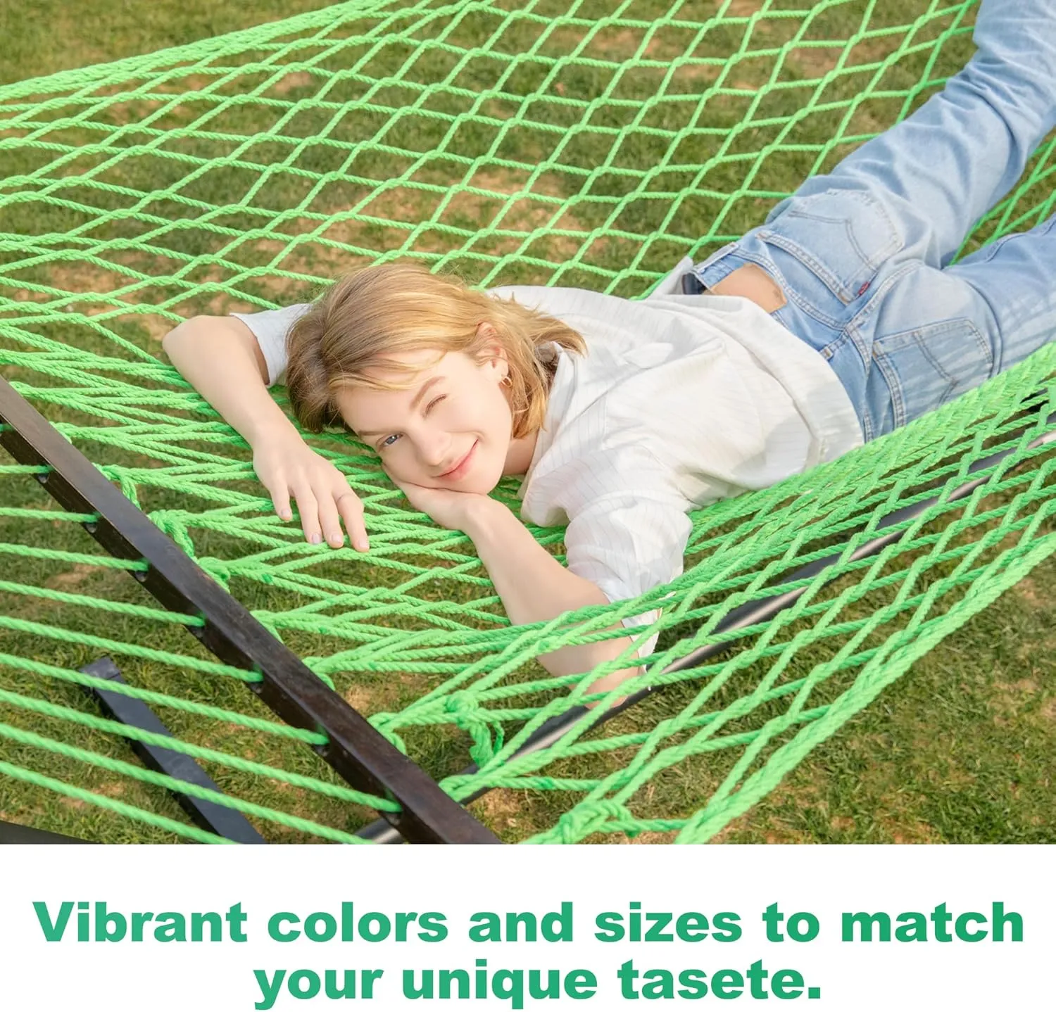 12ft Double Hammocks, Handwoven Traditional Cotton Rope Hammock with Hardwood Spreader Bar, Chains and Hooks for Indoor Outdoor, Max 450 lbs Capacity (Spring, Full)