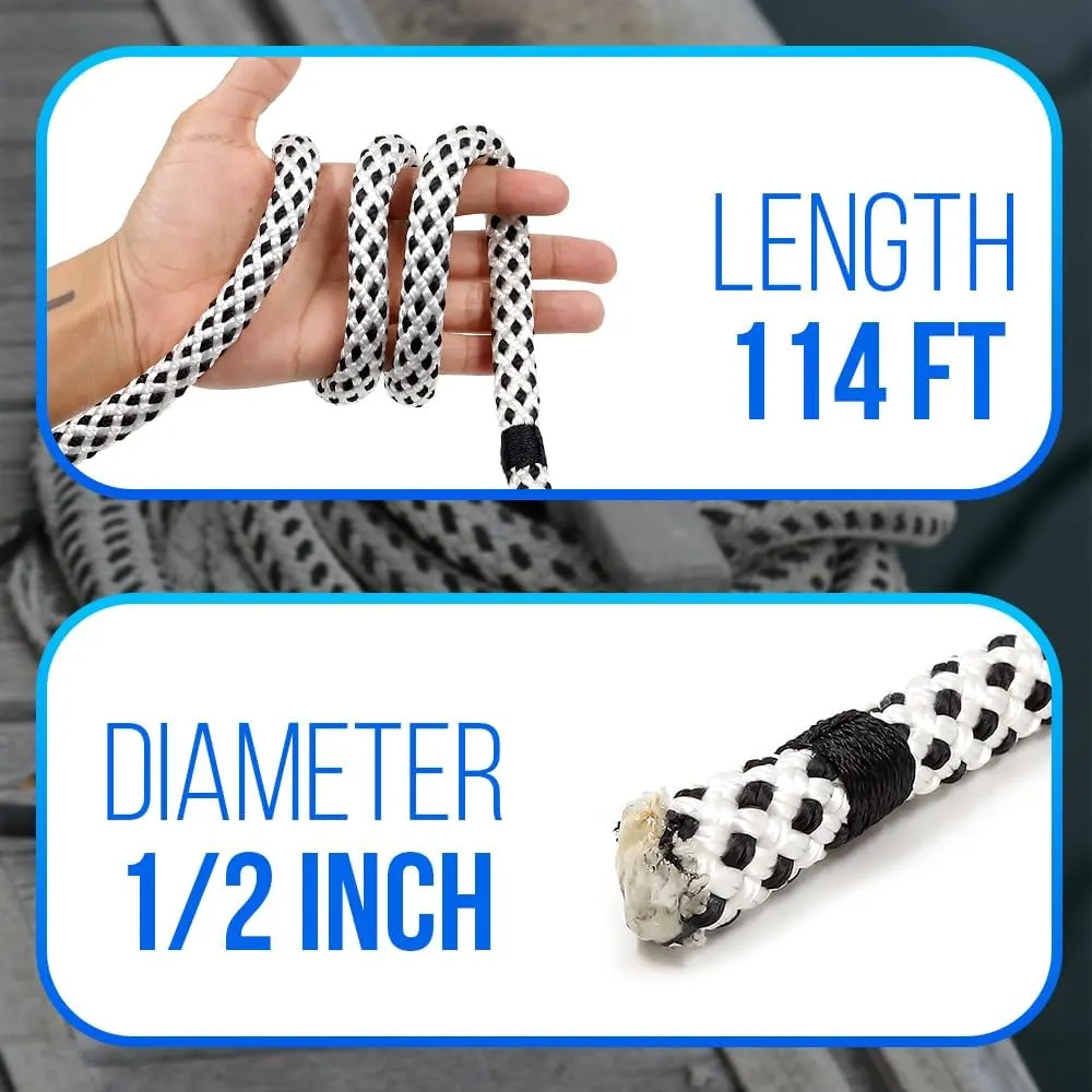 1/2" x 114' (12mm X 35m) Double Braided Nylon Boat Anchor Rope Pre-Spliced Eye with 316 Stainless Steel Thimble for Docking, Anchoring, Securing