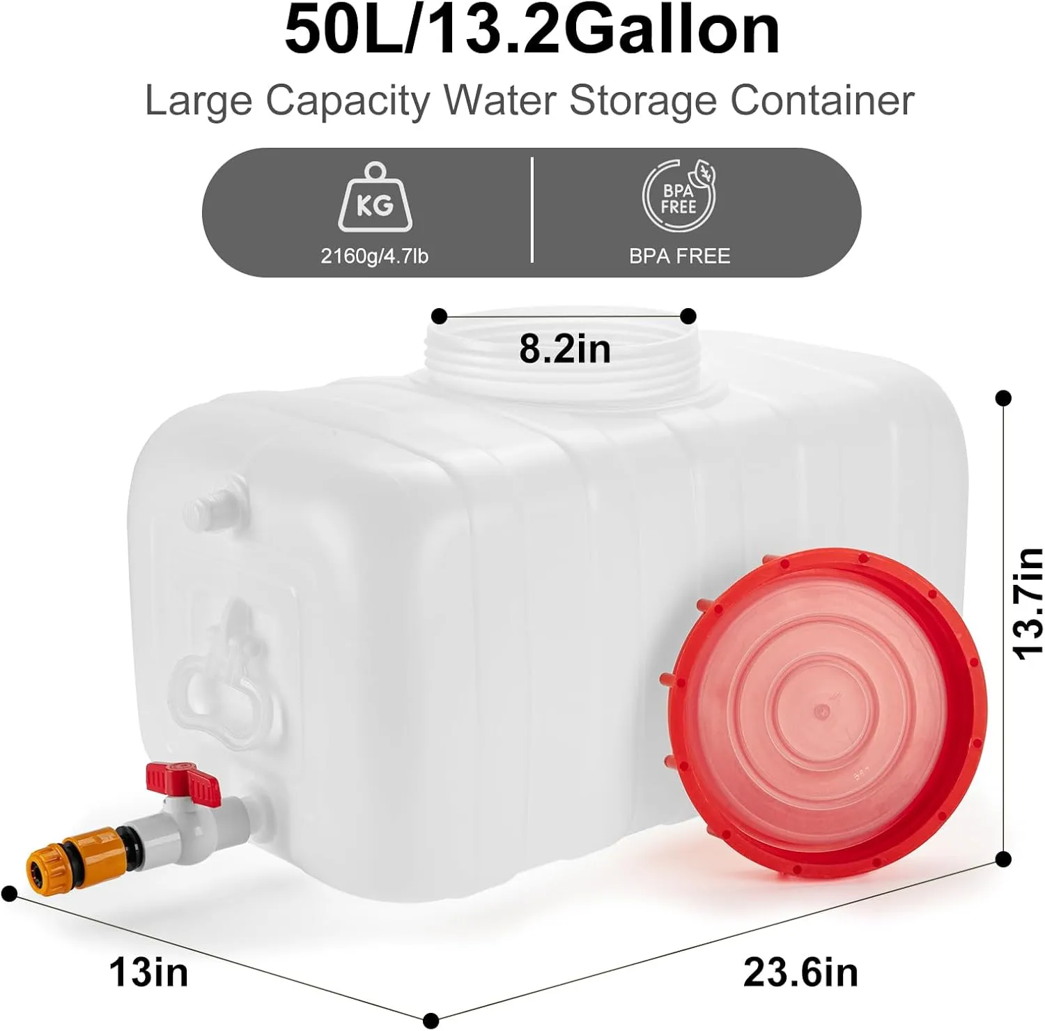 13.2 Gallon Water Tank with Faucet, Water Storage Container for Camping, Portable First Aid Water Storage for Outdoor Hiking, RV, Autonomous Driving Tour, 23.6 x 13 x 13.7in