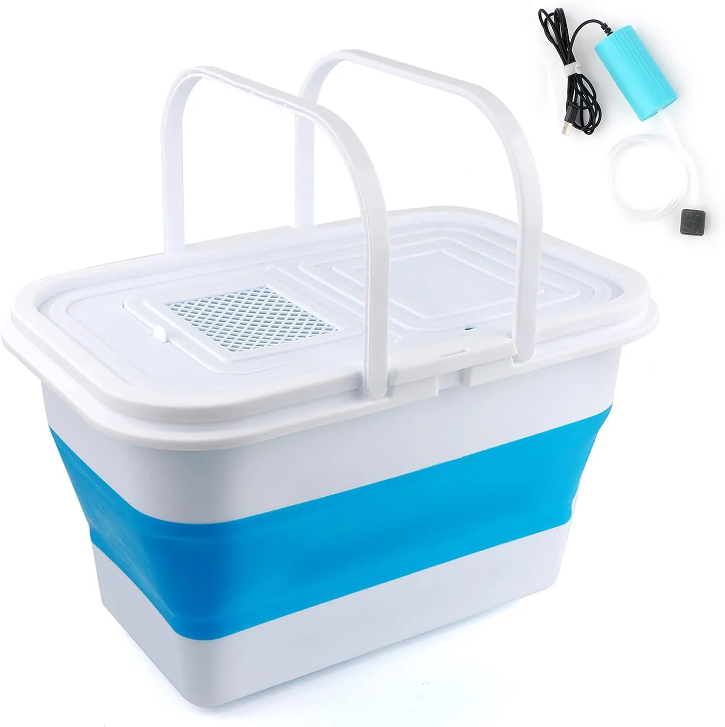 13L Fishing Bucket with Mini Oxygen Pump,Portable Folding Collapsible Minnow Bucket Fish Live Container Box with Breathable Mesh Space Saving Outdoor Traveling Hiking Fishing
