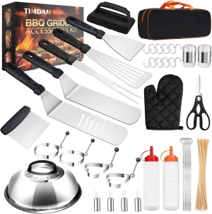 142Pcs Griddle Accessories Kit, BBQ Grill Tools, Flat Top Grill Accessories Kit for Camping, Barbecue Outdoor Indoor Grill Set, TIMDAM Portable Grill Utensils with Spatulas, Scraper, Skewers