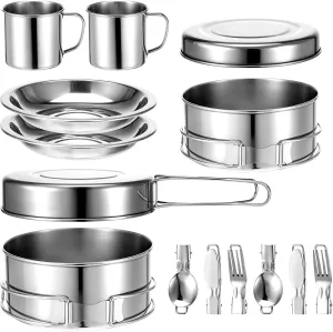 14Pcs Stainless Steel Camping Cookware Set, Lightweight Compact Camping Pots Pans Set with Cups Plates Forks Knives Spoons for Backpacking Camping-Cooking Hiking and Picnic