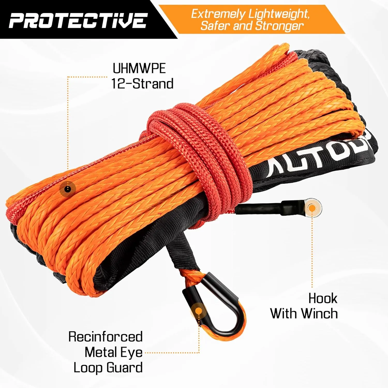 1/4" x 50ft Synthetic Winch Rope Kit with Protective Sleeve Winch Fairlead  Stopper Hook, Orange