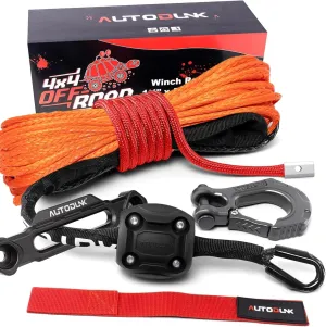 1/4" x 50ft Synthetic Winch Rope Kit with Protective Sleeve Winch Fairlead  Stopper Hook, Orange