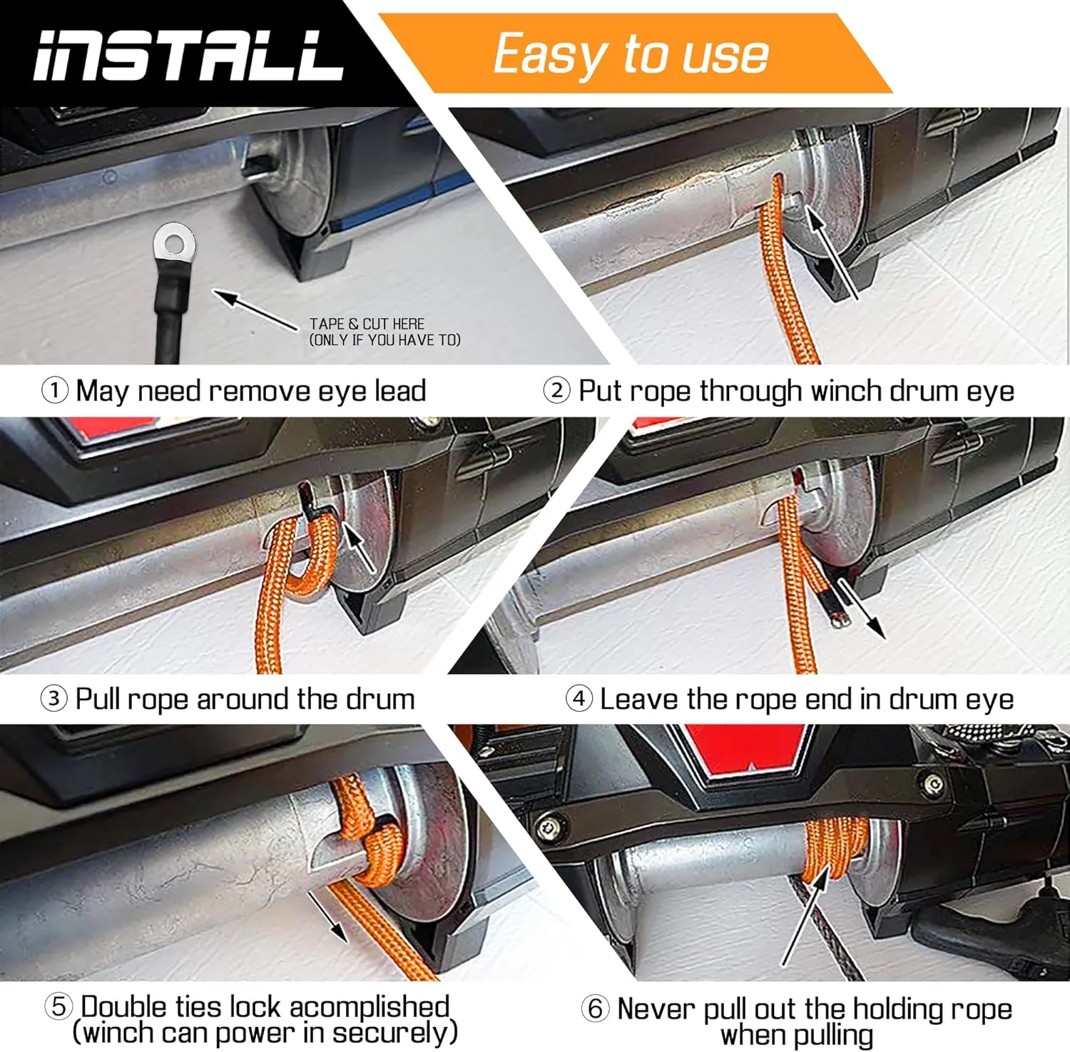 1/4" x 50ft Synthetic Winch Rope Kit with Protective Sleeve Winch Fairlead  Stopper Hook, Orange