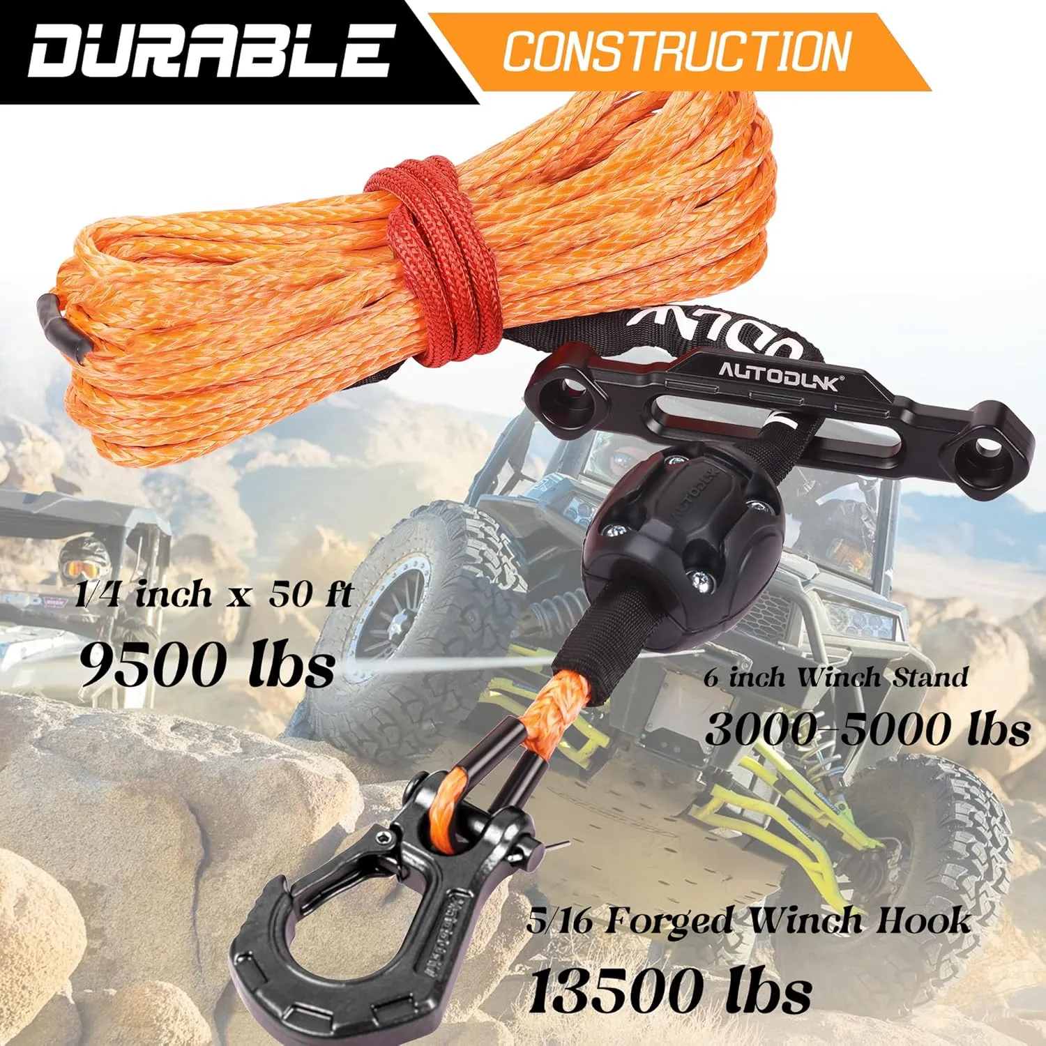 1/4" x 50ft Synthetic Winch Rope Kit with Protective Sleeve Winch Fairlead  Stopper Hook, Orange